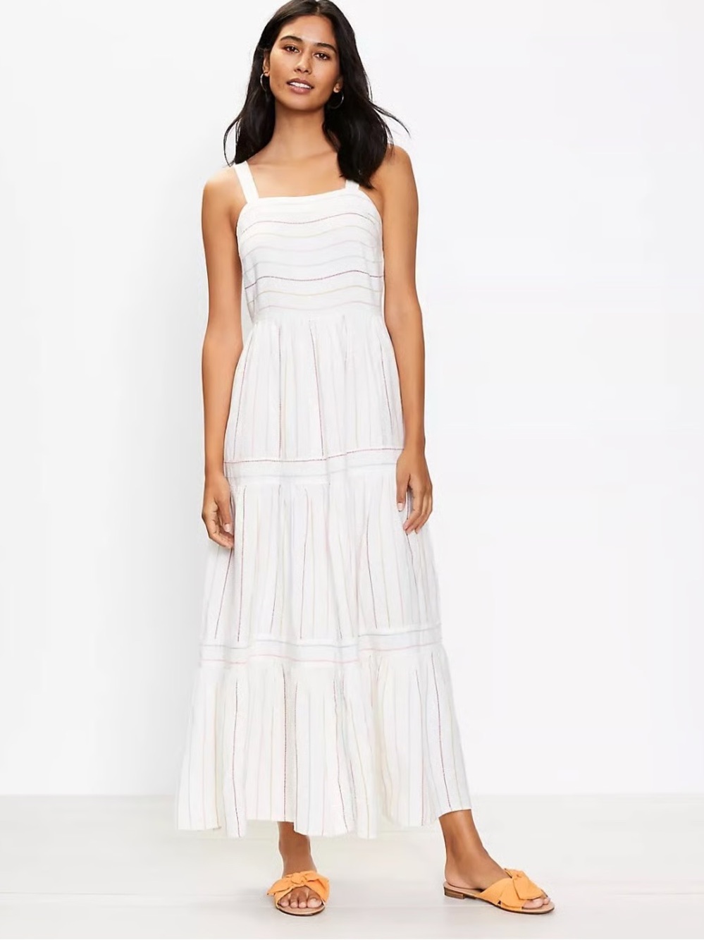 Loft Rainbow Embroidered Striped White Dress Long Tiered Maxi Summer Boho 4